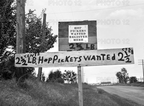 Hop Pickers Wanted sign along highway, Yakima County, Washington, USA, Russell Lee, U.S. Farm Security Administration, September 1941