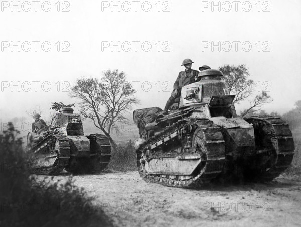 American troops in army tanks going forward to the battle line in the Forest of Argonne, France, U.S. Army Signal Corps, September 26, 1918