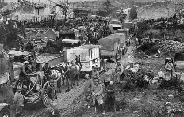 Typical scene of traffic congestion causing great delays on roads behind the American lines, Esnes, Argonne, France, U.S. Signal Corps, 1918