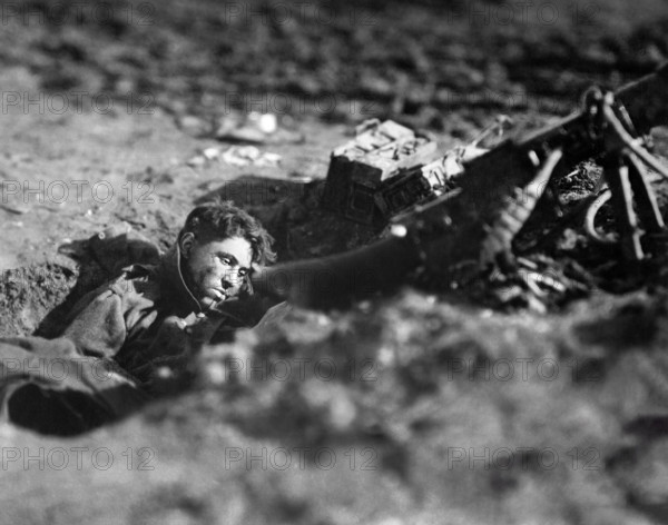 German machine-gun nest and dead gunner, Villers-Devant-Dun, France