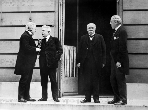 Council of Four of the Paris Peace Conference, British Prime Minister Lloyd George, Italian Prime Minister, Vittorio Emanuele Orlando; Georges Benjamin Clemenceau, U.S. President Woodrow Wilson. Hotel Crillon, Paris, France, U.S. Army Signal Corps, May 27 1919