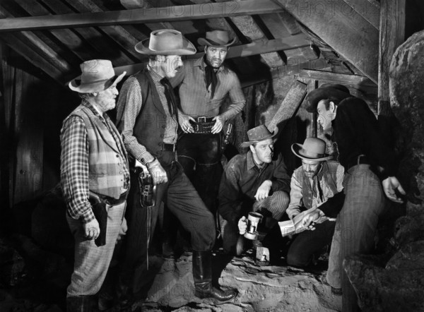 Wallace Ford, Jim Bannon, Tom Neal, Willard Parker, Richard Cutting, James Anderson, on-set of the western film, "The Great Jesse James Raid", Lippert Pictures, 1953