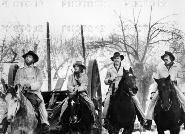 Cliff Robertson, Wayne Sutherlin,  R.G. Armstrong, Luke Askew, on-set of the western film, "The Great Northfield, Minnesota Raid", Universal Pictures, 1972