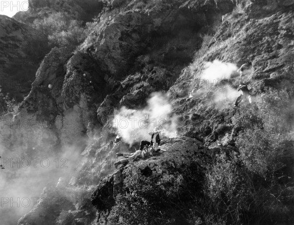 Eugene Pallette (center foreground), on-set of the western film, "Gun Smoke", Paramount Pictures, 19131