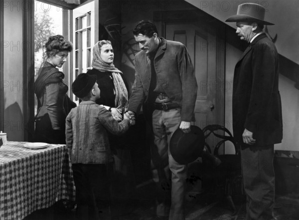 Jean Parker, Helen Westcott, Gregory Peck, Millard Mitchell, on-set of the western film, "The Gunfighter", 20th Century-Fox, 1950