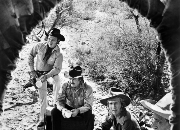 Bobby Sykes, Axe Mayhew, Marty Robbins, Shug Fisher, on-set of the western film, "Guns Of A Stranger", Universal Pictures, 1973