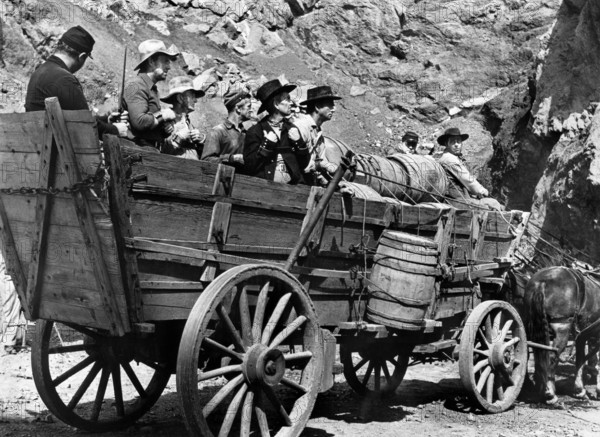 Sterling Hayden (second, left), on-set of the western film, "Hellgate", Commander Films, Lippert Pictures, 1952