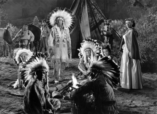 Ellen Drew (far right), on-set of the western film, "Davey Crockett, Indian Scout", United Artists, 1950