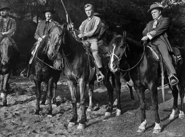 Alfred Ryder (2nd left), George Segal (center), Pat Hingle (right), on-set of the western film, "Invitation To A Gunfighter", United Artists, 1964