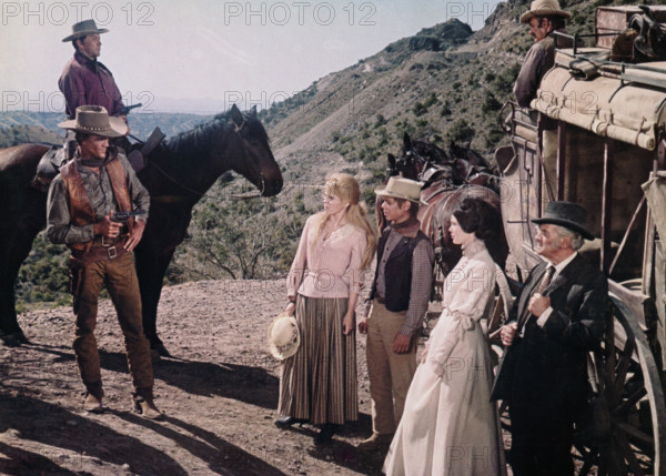 David Canary, Cameron Mitchell, Margaret Blye, Peter Lazer, Barbara Rush, Fredric March, on-set of the western film, "Hombre", 20th Century-Fox, 1967