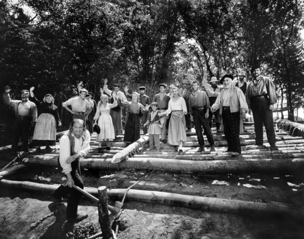 Karl Malden, Debbie Reynolds, Agnes Moorehead, Bryan Russell, Kim Charney, Carroll Baker, Tudor Owen, on-set of the western film, "How The West Was Won", MGM, 1962