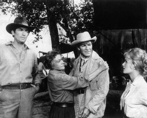 Gregory Peck, Thelma Ritter, Robert Preston, Debbie Reynolds,  on-set of the western film, "How The West Was Won", MGM, 1962