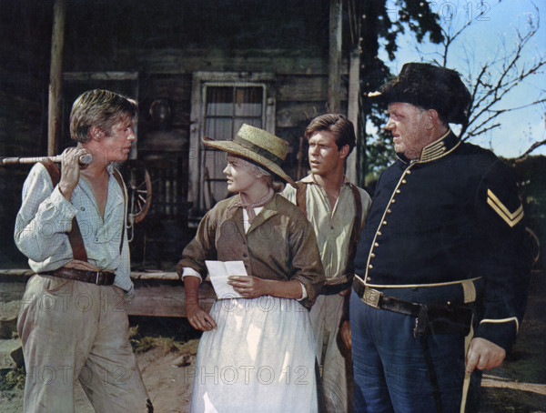 George Peppard, Carroll Baker, Claude Johnson, Andy Devine, on-set of the western film, "How The West Was Won", MGM, 1962