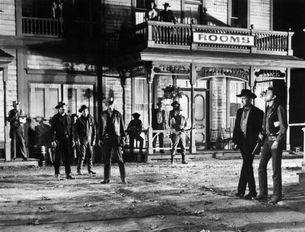 Anthony Quinn, Kirk Douglas, Earl Holliman, on-set of the western film, "Last Train From Gun Hill", Paramount Pictures, 1959