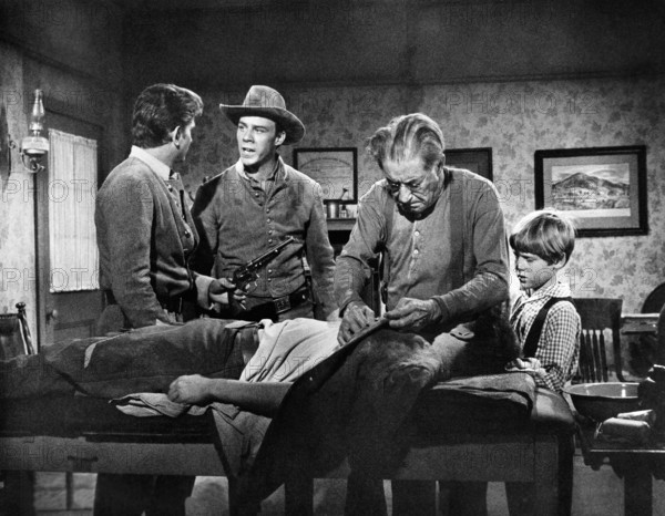 Michael Landon, Richard Rust, Ralph Moody, Moody, Dee Pollock, Gary Hunley, on-set of the western film, "The Legend Of Tom Dooley", Columbia Pictures, 1959