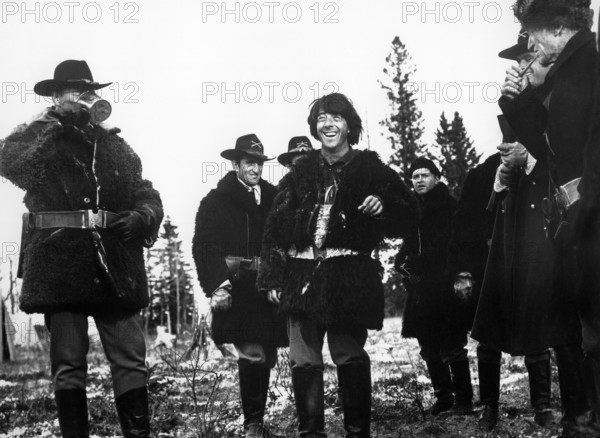 Dustin Hoffman (standing center),  on-set of the western film, "Little Big Man", National General Pictures, 1970