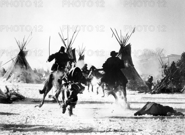 7th U.S. Cavalry attacking the Cheyenne camp, on-set of the western film, "Little Big Man", National General Pictures, 1970