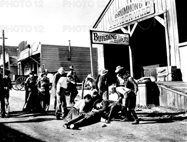 Audrey Dalton, Willard Parker, Dabs Greer, on-set of the Western film, "Lone Texan", 20th Century-Fox, 1959