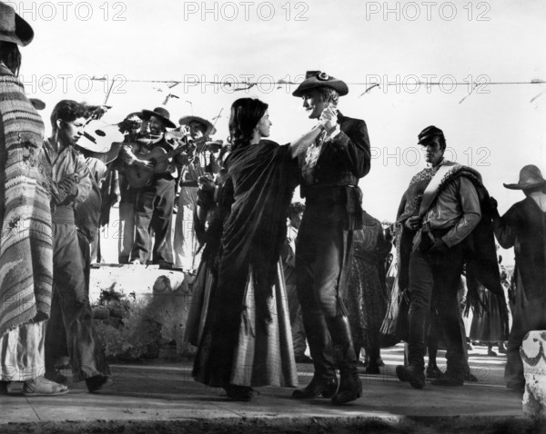 Senta Berger, Richard Harris, Charlton Heston, on-set of the western film, "Major Dundee", Columbia Pictures, 1965