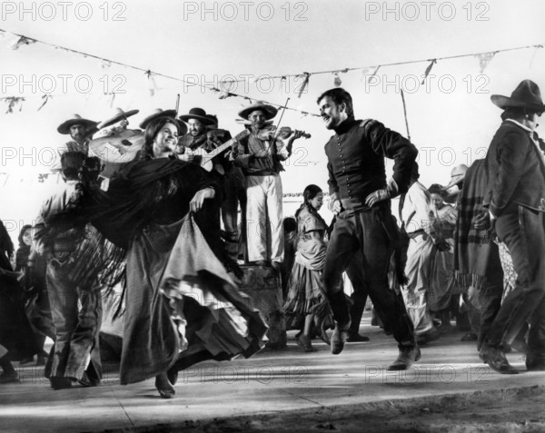 Senta Berger, Jim Hutton, on-set of the western film, "Major Dundee", Columbia Pictures, 1965