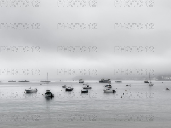 Boats moored in harbor on cloudy day, Bueu, Spain