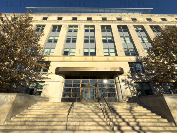 The Morris and Sophie Chang Building, entrance and stairs, low angle view, Massachusetts Institute of Technology, Department of Economics, Sloan School of Management, Cambridge, Massachusetts, USA