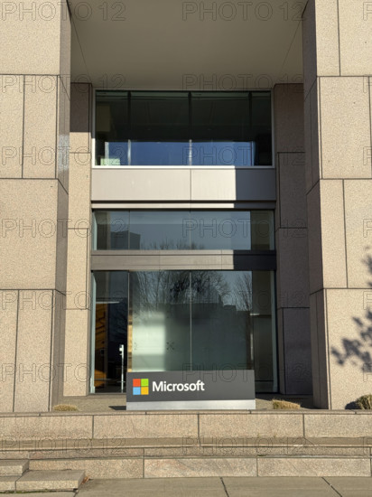 Microsoft, building exterior with company sign and logo, Cambridge, Massachusetts, USA