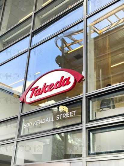 Takeda Pharmaceutical Company, building exterior with company sign, 500 Kendall Street, Cambridge, Massachusetts, USA