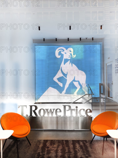 T. Rowe Price, interior office lobby with company logo, New York City, New York, USA