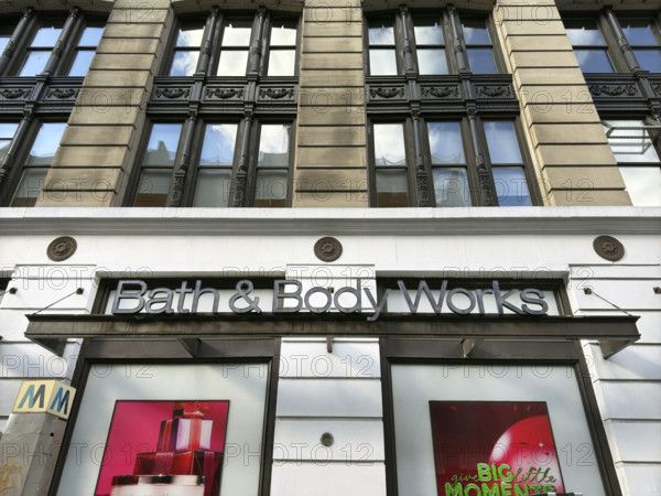 Bath & Body Works store, low angle view of building exterior and company sign, New York City, New York, USA