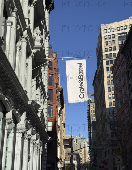 Crate & Barrel store banner hanging from exterior store building, New York City, New York, USA