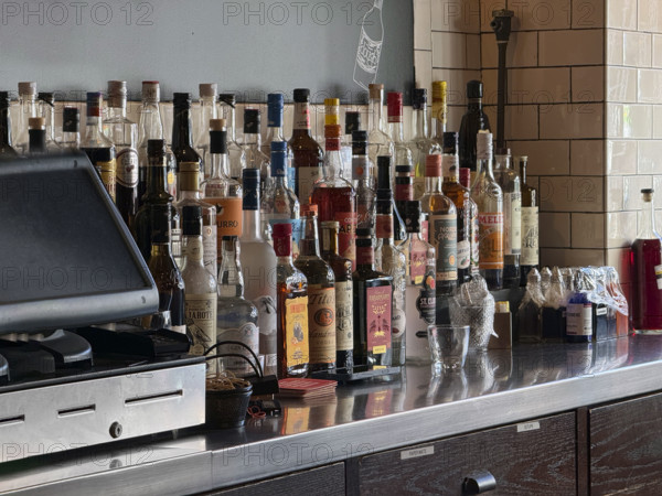 The Smith Restaurant and Bar, interior view or liquor bottles in bar area, New York City, New York, USA