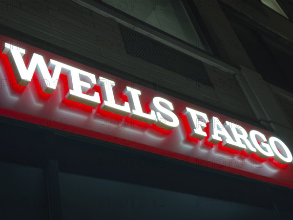 Wells Fargo bank office, company sign on building exterior, New York City, New York, USA