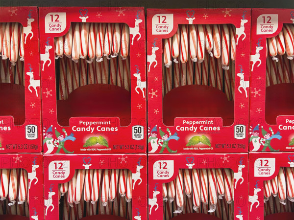 Boxes of peppermint candy canes on display at supermarket