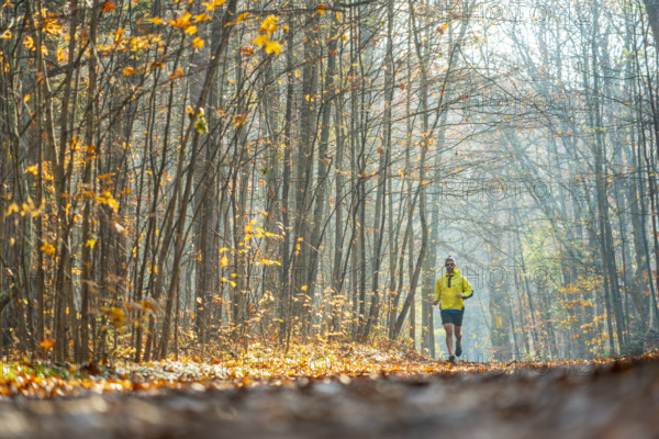 Mid-adult man running along scenic wooded path in autumn