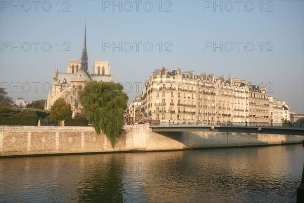 France, Paris 4e, ile de la cite, cathedrale Notre-Dame de Paris, quai aux fleurs, la Seine,