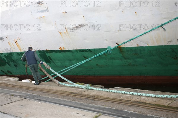 France : Normandie, Seine Maritime, vallee de la Seine, grand port de mer de Rouen, lamaneurs, amarrage d'un porte conteneur " safmarine europe" au terminal qgcm de moulineaux,