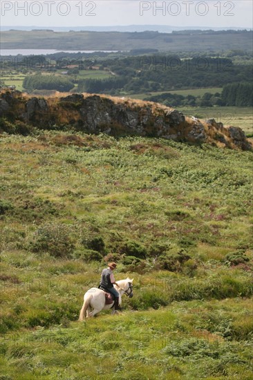 France, Bretagne, Finistere, monts d'arree, au sommet du roc'h trevezel, point culminant a 364 metres, rochers, paysage, randonnee a cheval, cavalier, lande,