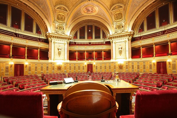 France, ile de france, paris 6e arrondissement, rue de vaugirard, palais du luxembourg, senat, hemicycle, depuis la tribune du president.
Date : 2011-2012