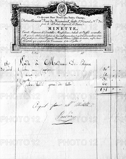 First Empire.  Invoice concerning the duchess of Polignac.