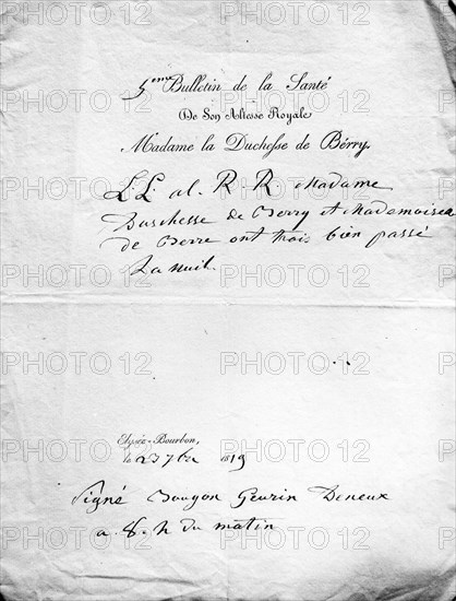 Medical bulletin of the duchess of Berry, after his childbirth.