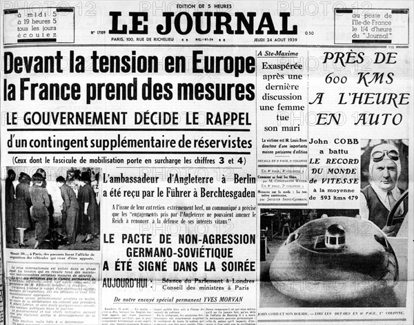 The Newspaper.  Tension in Europe, recall of the reservists.   August 24, 1939
