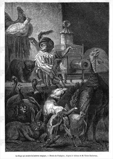 La lanterne magique. Le Singe qui montre la lanterne. D'après un tableau de Victor Bachereau. Gravure. 1865.