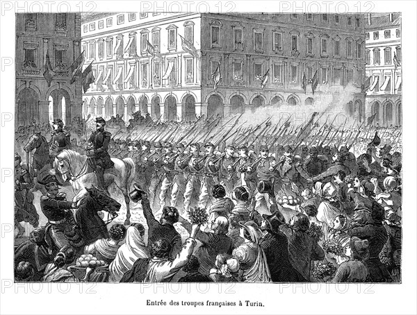 Entrée des troupes françaises à Turin. À Turin, le roi Albert 1er entre en guerre contre l'Autriche pour chasser celle-ci de Lombardie et de Vénétie. Il a le soutien de Cavour.