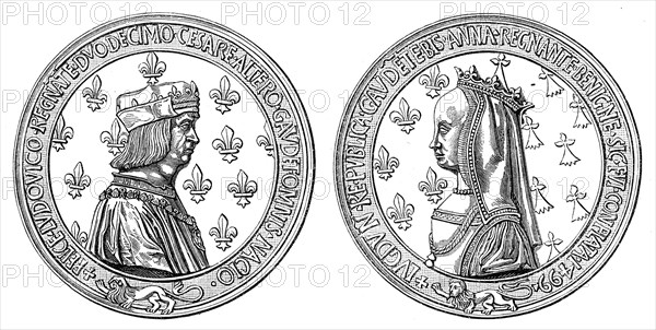 Médaille, en argent, de Louis XI et d'Anne de Bretagne. Gravure 19e.