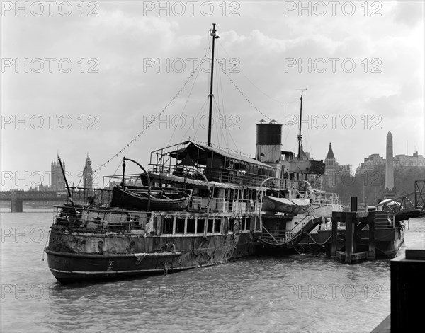 The Old Caledonia, derelict and fire damaged, Victoria Embankment, London, 1980