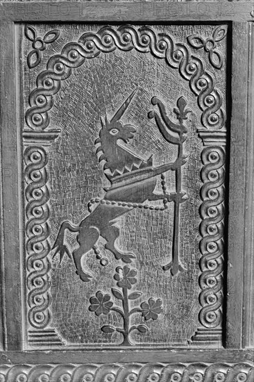 Carving in St Peter's church, Pavenham, Bedfordshire, 1964