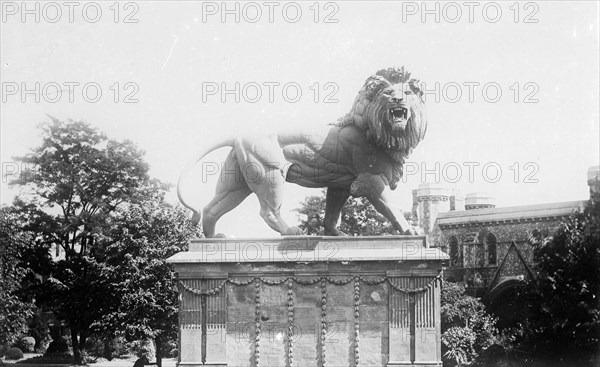 Lion sculpture on the Maiwand memorial in Forbury Gardens, Reading, Berkshire, c1860-c1922