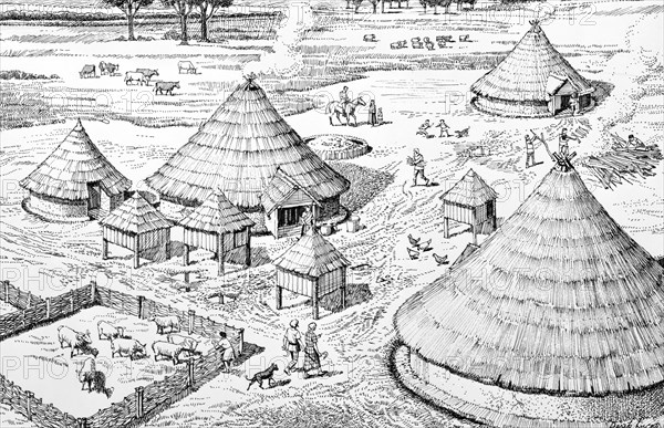 Iron Age settlement, c400-c150 BC. Artist: Derek Lucas