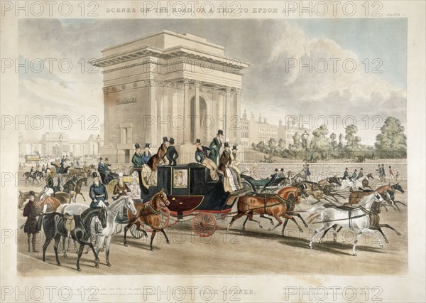 Horse drawn carriages along Hyde Park Corner, London, 1838. Artist: J ...